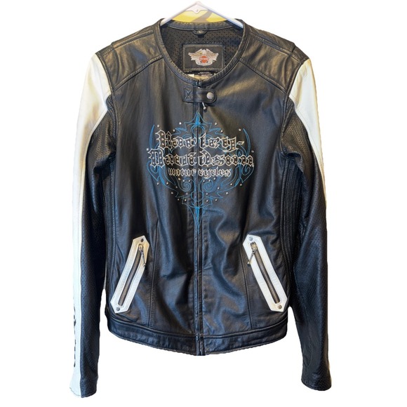 Harley-Davidson Jackets & Blazers - Harley Davidson Women's Kaleidoscope Black White‎ Leather Jacket L 97137-09VW
